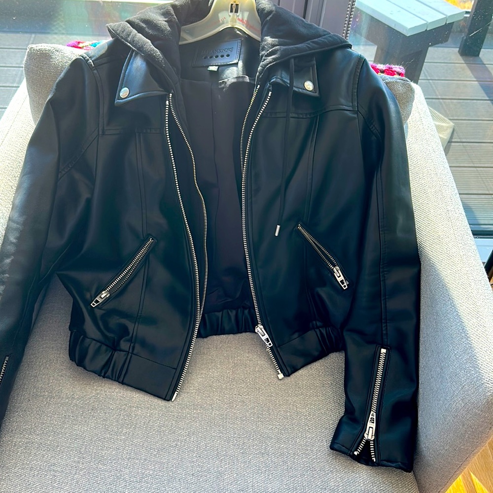 BLANKNYC Faux Leather Bomber Jacket in Black
